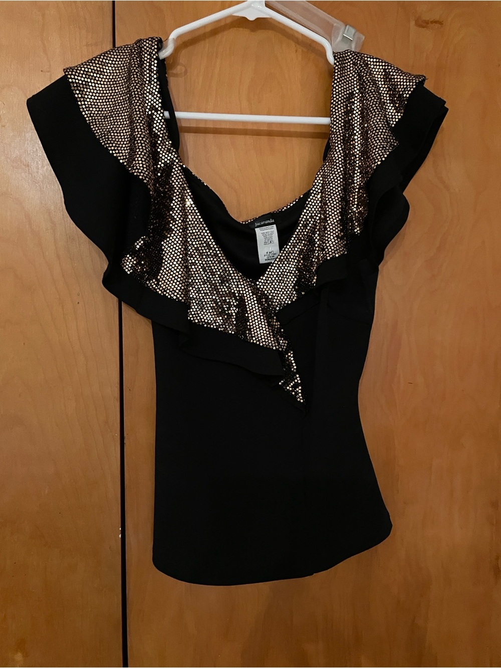 Ruffled V-Neck Sequin Accent Women’s Top - Black and Gold